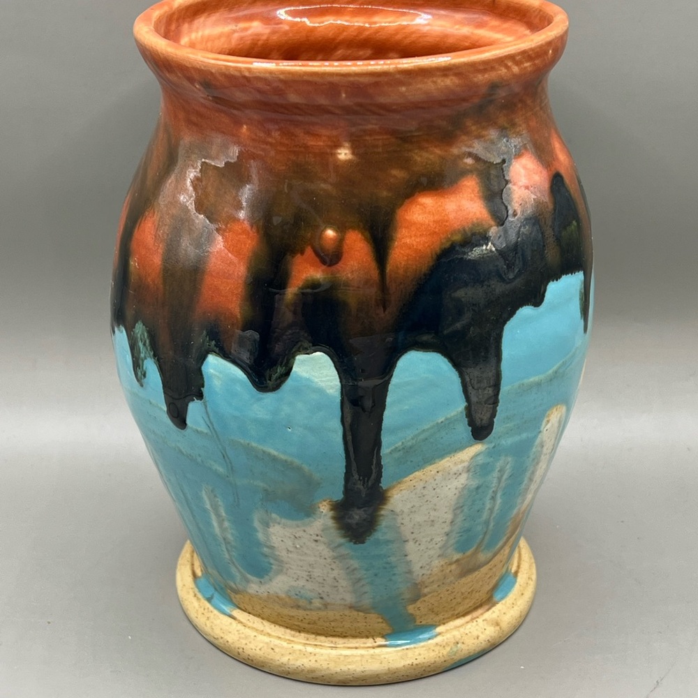 Handmade Signed Pottery Vase Drip Glaze 7”